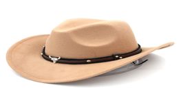 Fashion Men Women Wool Blend Western Cowboy Fedora Cap Wide Brim Sombrero Godfather Cap Church Caps Jazz Hat Tauren Leather Band1585631