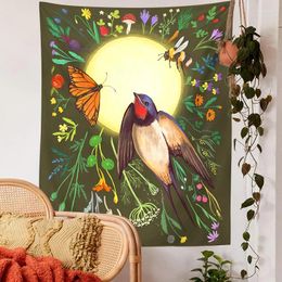 Tapestries Botanical Moon Tapestry Wall Hanging Plant Flower Bird Mushroom Moth Hippie Carpets Dorm Decor Art