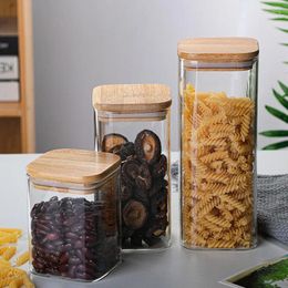 Storage Bottles TGlass Jar Jars Mason Bamboo Candy Square Cover And With Lids Kitchen For Glass Cookie Wholesale Container Spices