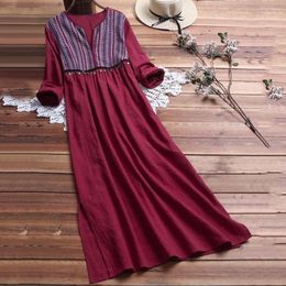Casual Dresses Women Spring Summer Dress Round Neck Ethnic Style Embroidery Long Sleeve High Waist A-line Solid Colour Double Layers Midi