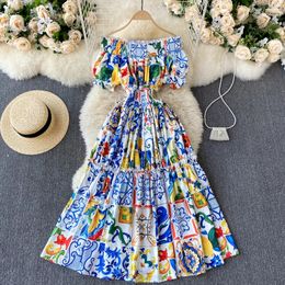 Summer Women Sexy Slash Neck Off Shoulder Slim Long Dress High Quality Vintage Blue and white porcelain Print Runway Dress 240513