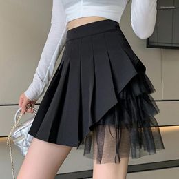 Skirts QOERLIN Mesh Patchwork Pleated Skirt Zipper- Women Summer Holiday Chiffon High Waist Skorts Korean Fashion Black Grey