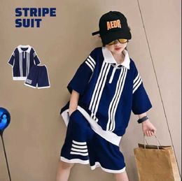 Clothing Sets Summer Boys Cotton Stripe Half Zipper Navy Preparatory clothing Set School Childrens 2PCS Athletic 5-16 Years d240514