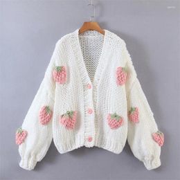 Women's Knits Autumn Women Embroidery Strawberry Sweaters Casual V Neck Long Lantern Sleeve Cropped Button Cardigan Knitted Coats PYMY-MY815