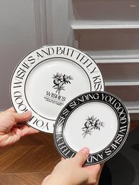 Plates English Letters Ceramic Circular Plate Steak Western Cuisine Household Els Black White Printing Porcelain Tableware