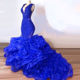 Luxury Royal Blue Lace Beaded Mermaid Prom Dresses v neck 2020 Puffy cascading Ruffles Long evening Gowns Sexy Party Dress Vestido Form 227x