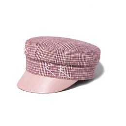 Size S-XL Patch Work Flat Pink PU Leather Brim Military Hat Baker Boys Hat Womens s Boys Hat 240507