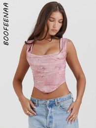 Women's Tanks BOOFEENAA Retro Spaper Print Pink Busiter Corset Tops Sexy Elegant Square Neck Backless Crop Top Summer Clothes 2024 C85-BD10