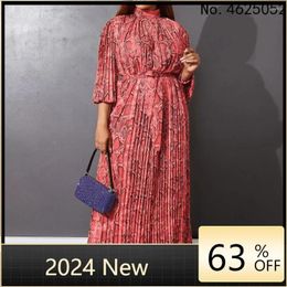 Ethnic Clothing 2024 Summer Women Fashion Temperament Printed Puff Sleeves Pleated Waist Lace Up Long Dress