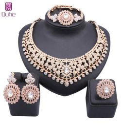 Handmade Dubai Gold Color Crystal Wedding Necklace Bangle Earring Ring Women Italian Bridal Costume Jewelry Set6214891