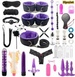 35 Pcs set Sex Products Sex Toys for Women BDSM Sex Bondage Set Anal Plug Dildo Vibrator Whip Handcuffs Adult Toys Slave Game MX209721762