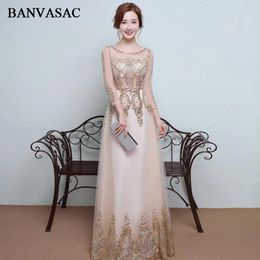 Party Dresses BANVASAC 2024 A Line Crystal Illusion O Neck Sequined Sash Long Evening Elegant Lace Embroidery Prom Gowns