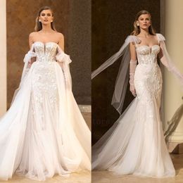 3D Floral Lace Appliques Mermaid Wedding Dresses With Detachable Train 2024 Straps Off Shoulder Long Tulle Sexy Backless Boho Beach Bridal Gowns Ivory white Robe