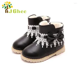 Boots 2024 Winter Fashion Girls Shoes Princess Warm Cotton Children Snow Rubber For Lace With Bow-knot