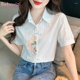 Women's Blouses Summer Short Sleeve Blouse Retro Chinese Style Embroidered Shirt White Pink Blue Tops