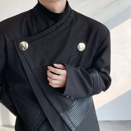 Men's Suits Shoulder Pad Short Jacket Spring Design Splicing Top 2024 Long Sleeve Pleated Darkwear Korean Fashion Tops 24X6093