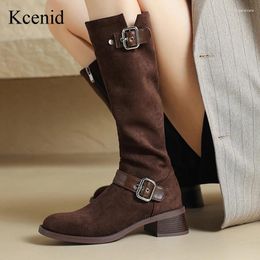 Boots Kcenid 2024 Women's Square Heels Fashion Shoes For Women Western Metal Buckle European Style Thigh High Brown