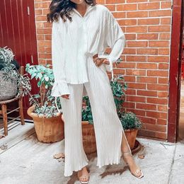 Women's Two Piece Pants Women Shirt Set Homewear Clothes Elegant Pleated With Single-breasted Blouse Wide For Casual