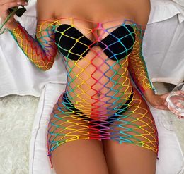 Sexy Set Sexy Lingerie Sex Bodycon Dress Fishnet Clubwear Perspective Christmas Valentines Day Womens Rainbow Babydolls Dresses T240513