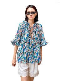 Women's Blouses 2024 Spring Design Sense Chiffon Sexy Necklace Tie Ruffled Sweet Blue Floral Elegant Vintage Tops Beach Style Thin