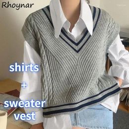 Work Dresses 2 Pcs Sets Women White Long Sleeve Shirts Side-slit Loose Sweater Vest Tender Casual Preppy Style Girls All-match Classic