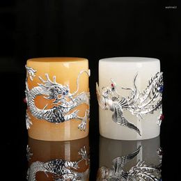 Teaware Sets Inlaid Silver Jade Cover Set Dragon Tea Rack Ceremony Accessories Table Ornament Cylindrical Solid Vase