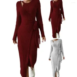 Casual Dresses Winter Women Hollow Out Wrap Lace Up Waist Round Neck Irregular Hem Long Sleeve Knitted Elastic Striped Lady Maxi Dress