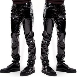 Men Faux Leather PVC Pants Trousers Long Shiny Club Dance Wear Punk Gothic Black Slim Fit Nightclub Party Pants Male Motorcycle 240514