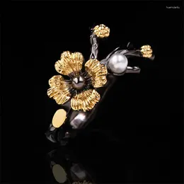 Cluster Rings Copper Black Gold Color Exquisite Daisy Flower For Women Retro Baroque Pearl Branches Vintage Ring Jewelry Gift