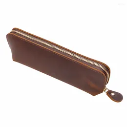 1pc Handmade Genuine Leather Pencilcase Zipper Retro Simple Stationery Holder Pencil Case Storage Bag Office School Supplies