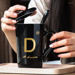 Mugs European Creative 450ml Ceramic Coffee Milk Cup Letter Theme Lucky With Lid And Spoon Birthday Wedding Gift For Friends