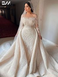 Romantisk golvlängd bröllopsklänning klassisk o-hals brudklänning långärmad a-line brudklänningar vestido de novia