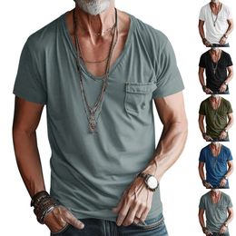 Men's pocket clothing men's V-neck solid Colour large casual short sleeved t-shirt M514 26