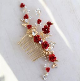 Jonnafe Red Rose Floral Headpiece For Women Prom Bridal Hair Comb Accessories Handmade Wedding Jewelry 2110199560985
