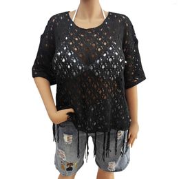Solid Knit Hollow Out Beachwear Cover-Ups Women Oversized Tassel Splicing Blouse Female Holiday Beach Sarongs