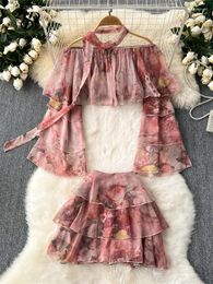 Work Dresses SINGREINY Fashion Women Tie Dye Two Pieces Suits One Shoulder Short Chiffon Top High Waist Cake Skirt French Sweet Sets