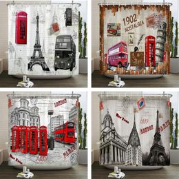 Shower Curtains Retro Style 3d Print Paris Tower Street View Telephone Booth Bath Curtain Waterproof Polyester Bathroom