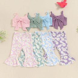 Clothing Sets Toddler Kids Girls Summer Outfits Solid Color Ribbed Bowknot Cami Tank Tops Daisy Print Flare Pants Children Holiday
