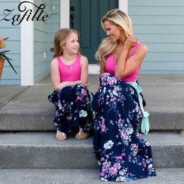 Family Matching Outfits ZAFILLE Mother and Daughter Matching Clothes Ankle-Length Belted Floral Mom Daughter Same Dresses Summer Mommy and Me Dress T240513