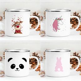 Mugs Pink Print Enamel Coffee Tea Housewarming Gift Home Party Cartoon Animal Breakfast Drink Milk Cups Kitchen Drinkware