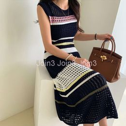 New design womens korean fashion sleeveless Colour block stripe pattern crochet hollow out knitted maxi long tank dress