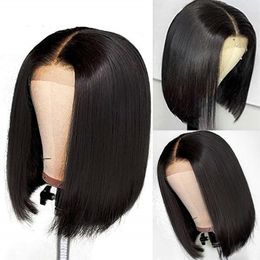 Europe and America Short Straight Bob Human Hair Wig with Baby Hairs Brazilian Pre-Plucked Lace Front Synthetic Wigs For Women Girls Dropshipping