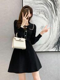 Casual Dresses Xiaoxiangfeng Polo Collar Knitted Dress Women's Spring And Autumn French Retro Waist Style Wearing A Little Black