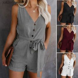 Women's Jumpsuits Rompers Womens casual V-neck monochrome jumpsuit five point shorts Europe and the United States summer new 2022 WX