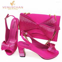 Dress Shoes Chan Fuchsis Colour Elegant Set Fashion Rhinestone Bow Comfortable Women Peep Toe African Party And Bag