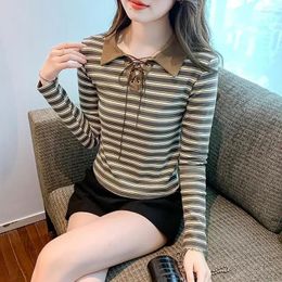 Women's Polos T-shirt Woman Long Sleeve Polo Neck Shirts For Women Striped Tops Polyester Chic Summer 2024 Offer Trend V