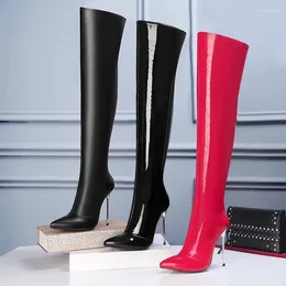 Boots Sexy Ladies Metallic Stiletto Heels Thigh Super High Red Black Over Knee Botas Stage Steel Pipe Dance