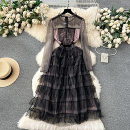 Vestidos casuais pista de malha malha renda de renda bordada vestido cascarding spring feminino de manga longa impressão bolo de festa de ruffles de escritório