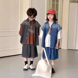 Clothing Sets Kid's Set 2024 Summer Boys And Girls Korean Version Denim Suit Children Leisure Vest Shorts Two Piece