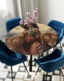 Table Cloth African Savanna Woman Lion Round Elastic Edged Cover Protector Waterproof Polyester Rectangle Fitted Tablecloth
